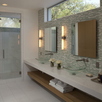 Example of a large trendy master green tile, white tile and glass tile ceramic tile alcove shower design in Austin with a vessel sink, white walls, open cabinets, medium tone wood cabinets and quartz countertops