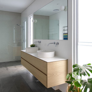Contemporary master bathroom in Perth with light wood cabinets, a curbless shower, white walls, slate floors, a vessel sink, grey floor, white benchtops, flat-panel cabinets, beige tile and mosaic tile.