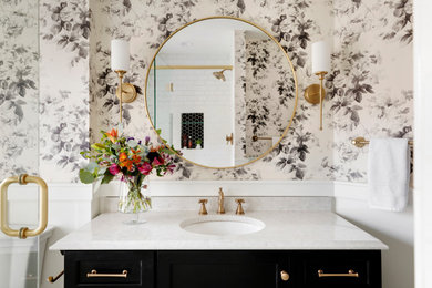 Inspiration for a large timeless master white tile and subway tile porcelain tile bathroom remodel in Other with flat-panel cabinets, black cabinets, an undermount sink, quartz countertops, a hinged shower door and white countertops