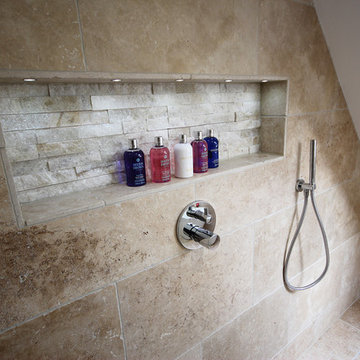 Classic loft batrhoom with linear shower and tumbled travertine tiles
