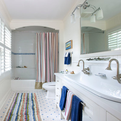 Example of a large trendy kids' mosaic tile and white tile mosaic tile floor bathroom design in Chicago with a drop-in sink, recessed-panel cabinets, white cabinets and white walls