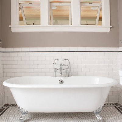 Inspiration for a large timeless master subway tile and white tile mosaic tile floor and white floor bathroom remodel in Minneapolis with a two-piece toilet, gray walls and a pedestal sink