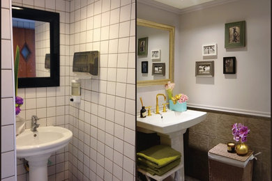 Small elegant gray tile and ceramic tile ceramic tile bathroom photo in Other with a wall-mount sink and gray walls