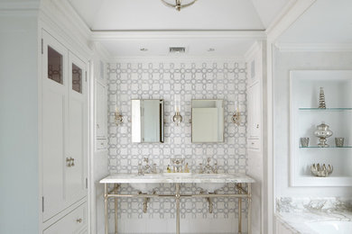 Mid-sized elegant master multicolored tile and mosaic tile mosaic tile floor alcove shower photo in New York with marble countertops, white walls, white cabinets, a two-piece toilet, a console sink and an undermount tub