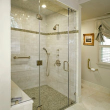 partial privacy wall and glass shower door