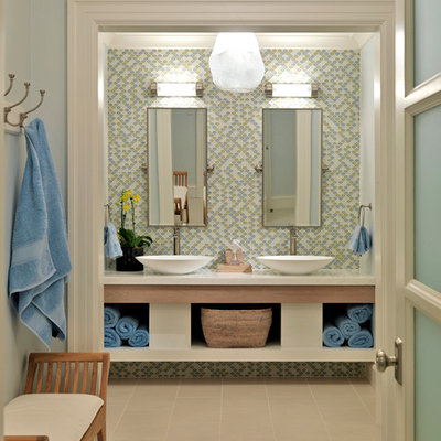Bathroom - traditional mosaic tile bathroom idea in Boston with a vessel sink