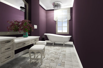 他の地域にある高級な中くらいなトランジショナルスタイルのおしゃれなマスターバスルーム (ベッセル式洗面器、家具調キャビネット、淡色木目調キャビネット、置き型浴槽、壁掛け式トイレ、グレーのタイル、テラコッタタイル、紫の壁、テラコッタタイルの床) の写真