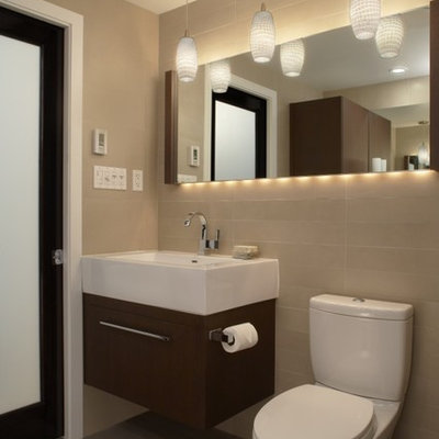 Trendy bathroom photo in Detroit with a wall-mount sink