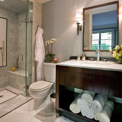 Inspiration for a timeless gray tile alcove shower remodel in Los Angeles with an undermount sink, open cabinets, dark wood cabinets and a two-piece toilet