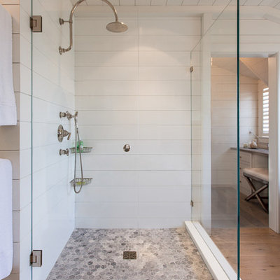 Bathroom - large coastal master white tile and ceramic tile light wood floor bathroom idea in Boston with white walls