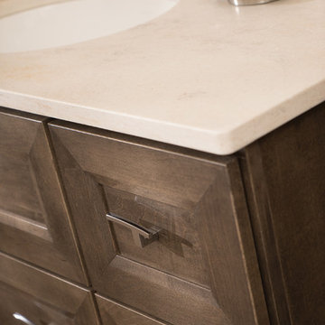 Close Up of a Beautifully Beveled Bathroom Furniture Vanity with a Gray Stain