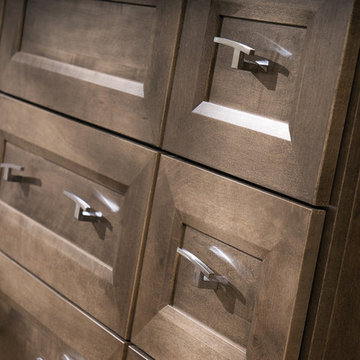 Close up of Beveled Bathroom Furniture Vanity Cabinets and Linen Cabinet