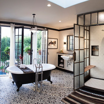 Cluny Cement Tiles Inject Pattern into an Industrial/Traditional Bathroom