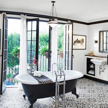 Cluny Cement Tiles Inject Pattern into an Industrial/Traditional Bathroom