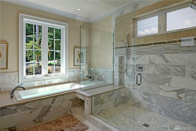 Large arts and crafts master bathroom photo in Seattle
