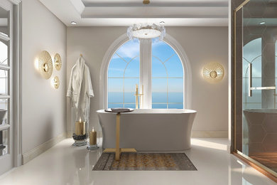 Large beach style master beige floor, single-sink and tray ceiling bathroom photo with furniture-like cabinets, light wood cabinets, a one-piece toilet, gray walls, an integrated sink, quartzite countertops, beige countertops and a floating vanity