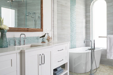 Bathroom - large coastal master bathroom idea in Other with shaker cabinets, white cabinets and a freestanding vanity
