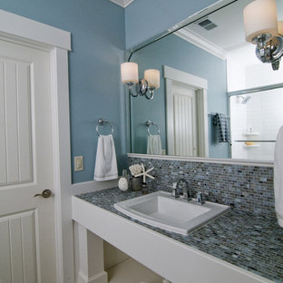 Inspiration for a coastal bathroom in Raleigh with tiled worktops and multi-coloured worktops.