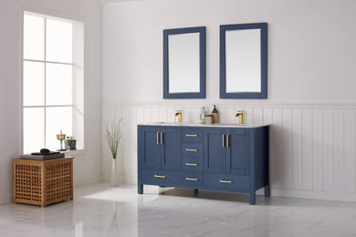 Modelo de cuarto de baño principal, doble y de pie moderno grande con puertas de armario azules, baldosas y/o azulejos blancos, paredes blancas, encimera de cuarzo compacto, suelo blanco y encimeras blancas