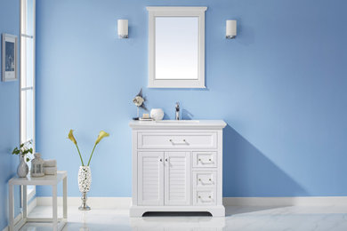 Mid-sized elegant white floor and single-sink bathroom photo in Toronto with white cabinets, blue walls, quartz countertops, white countertops and a freestanding vanity
