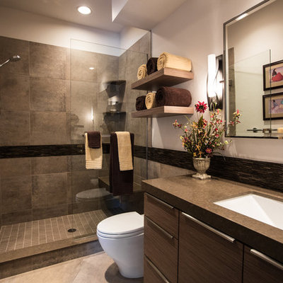 Example of a trendy porcelain tile bathroom design in Denver with an undermount sink and brown countertops