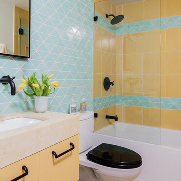 Colorful Blue Bathroom Tiles with Large Tile Shower