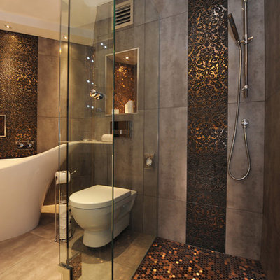Trendy mosaic tile freestanding bathtub photo in Belfast