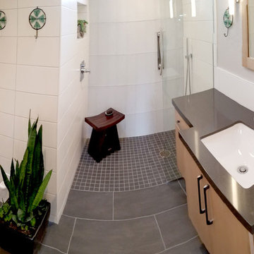 Compact Bathroom Remodel with Roll in Shower & Wall Mounted Toilet