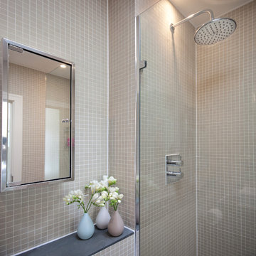 Compact shower room in shades of taupe and grey