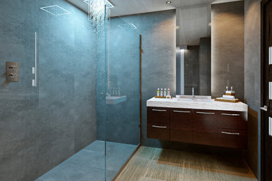 Doorless shower - mid-sized master gray tile and ceramic tile ceramic tile doorless shower idea in Miami with an undermount sink, an undermount tub, a wall-mount toilet and green walls