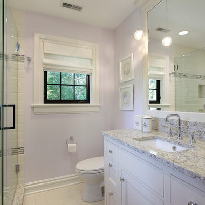 Example of a trendy white tile and subway tile bathroom design in Other with an undermount sink, recessed-panel cabinets and white cabinets