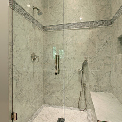 Inspiration for a contemporary white tile bathroom remodel in Other