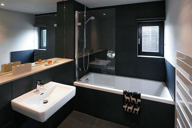 This is an example of a contemporary bathroom in San Francisco with an open shower.