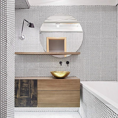 Inspiration for a mid-sized contemporary master black and white tile and mosaic tile mosaic tile floor and white floor bathroom remodel with flat-panel cabinets, light wood cabinets, a one-piece toilet, white walls, a vessel sink, wood countertops and brown countertops