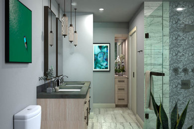 Свежая идея для дизайна: главная ванная комната среднего размера в современном стиле с фасадами в стиле шейкер, светлыми деревянными фасадами, душем без бортиков, унитазом-моноблоком, черно-белой плиткой, керамогранитной плиткой, серыми стенами, полом из керамогранита, врезной раковиной, столешницей из кварцита, разноцветным полом, душем с распашными дверями и разноцветной столешницей - отличное фото интерьера