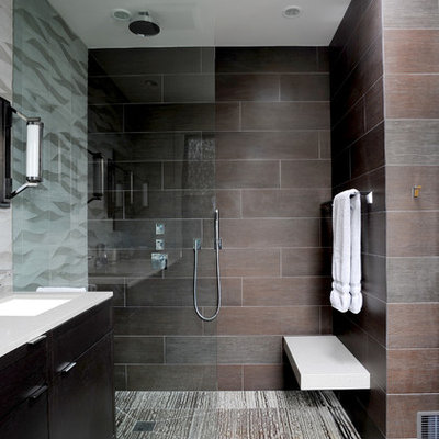Inspiration for a contemporary walk-in shower remodel in San Francisco with brown walls