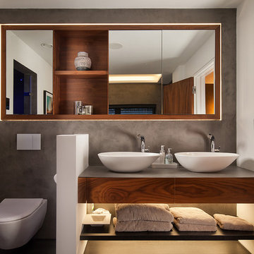 Contemporary bathroom: walnut, grey, white
