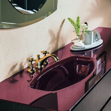 Contemporary bathroom with burgundy counter and dark wood vanity