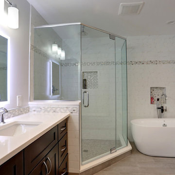 Contemporary Bathroom with Glass Shower, Soaker Tub, Dark Hardwood Cabinets