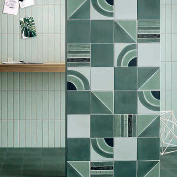 Contemporary bathroom with green toned porcelain tile