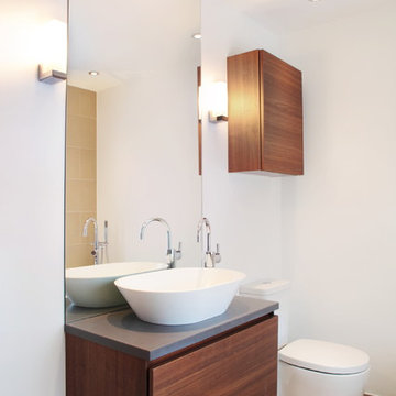 Contemporary bathroom with walnut storage