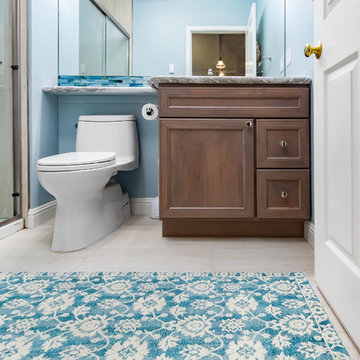 Contemporary Blue Accents in Small Bathroom Remodel