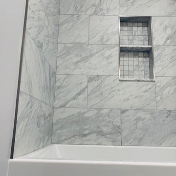 Contemporary Bonavista Bathroom Remodel with Marmol Venatino Tile Shower