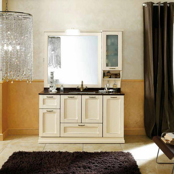 Contemporary cream colored bathroom vanity with black counter