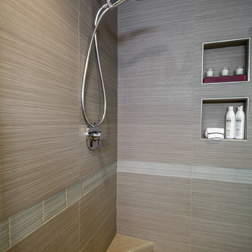 Contemporary Gray Tiled Shower with Chrome Fixtures