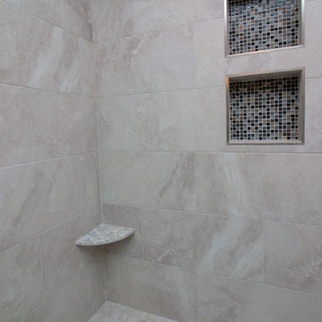 Contemporary Latte Vanity finish Bath Remodel w/ Bliss Mosaic tile wall accent