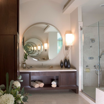 Contemporary Master Bathroom with Dark Stained Flat Panel Cabinetry