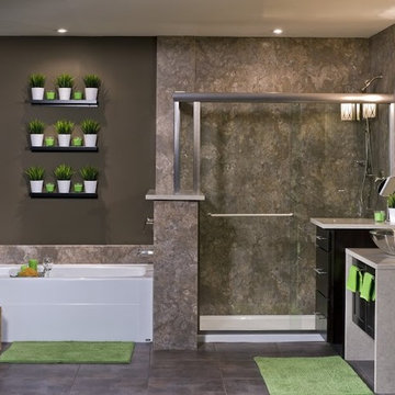 Contemporary Master Bathroom with Glass Shower, Freestanding Vanity and Soaking
