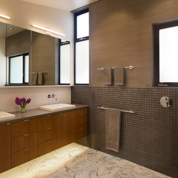 Contemporary Master Bathroom with Metallic Brown Tile