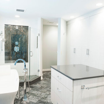 Contemporary Master Bathroom with Open Dressing Area and Frameless Glass Shower